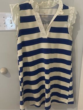 Striped Blue & Cream Ruffle Sleeve Shift Dress